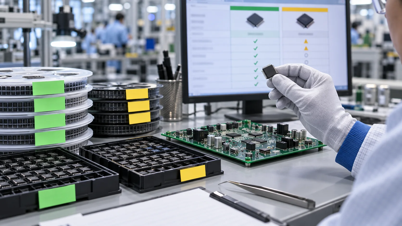 Engineer comparing an integrated circuit with approved component alternates during AVL review