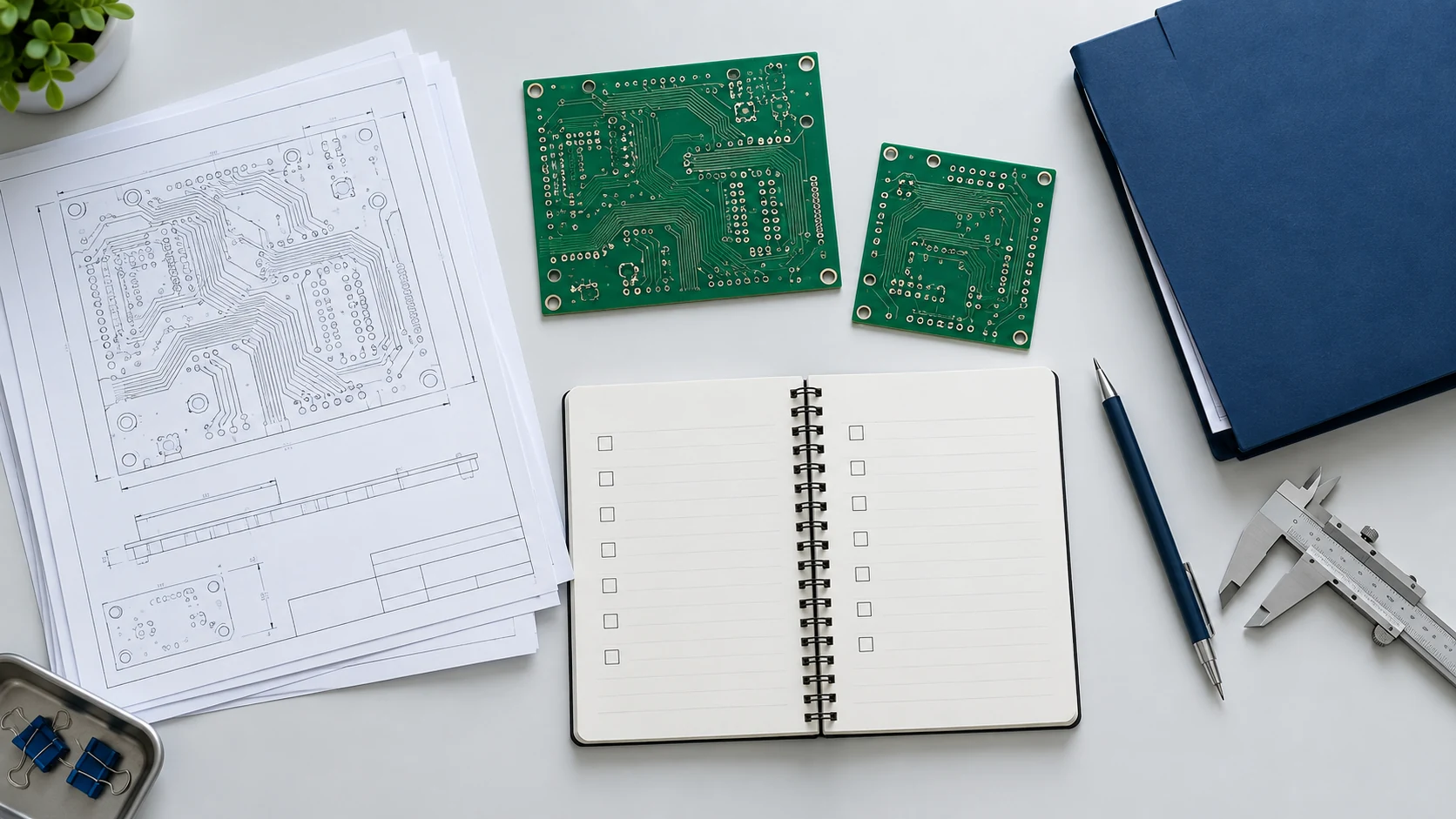 Bare PCBs, fabrication drawings, and a checklist arranged for an RFQ package review