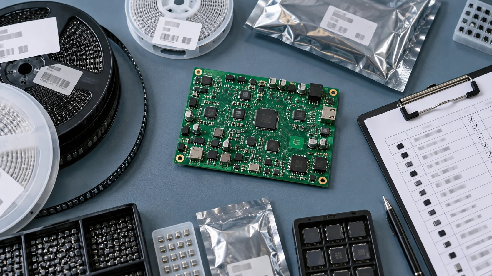 PCBA with component reels and a material checklist for sourcing handoff