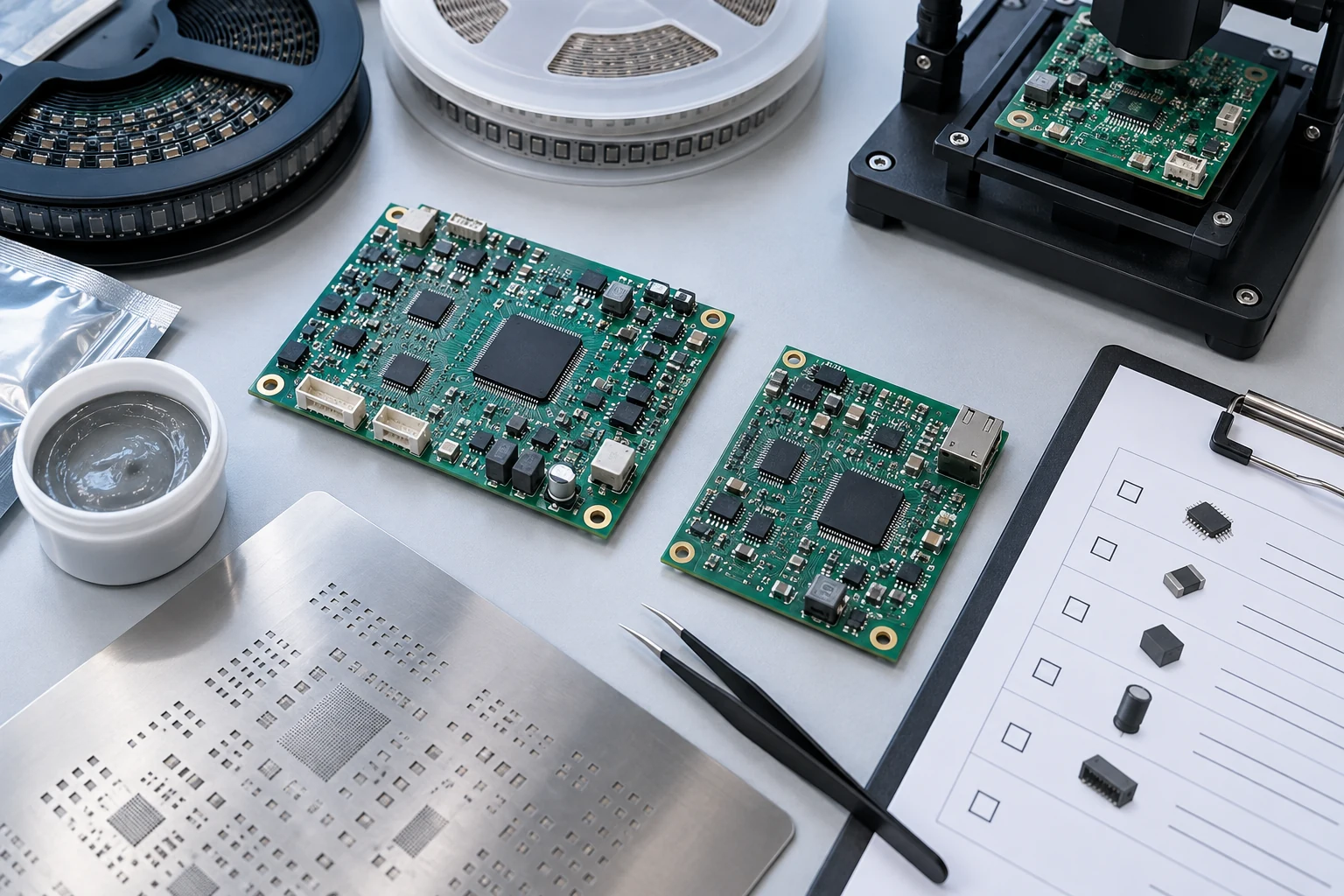 Populated PCB assemblies, component reels, stencil and inspection fixture used to review PCBA cost drivers