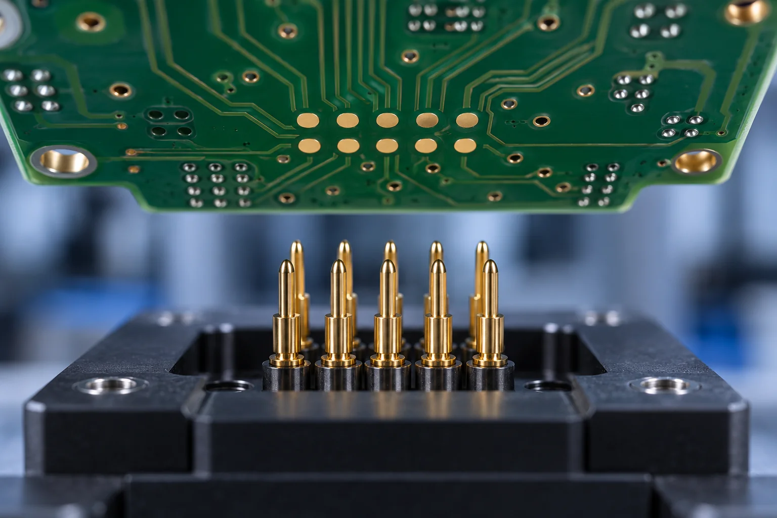 Close-up of PCB test pads and spring probes showing electrical test access planning