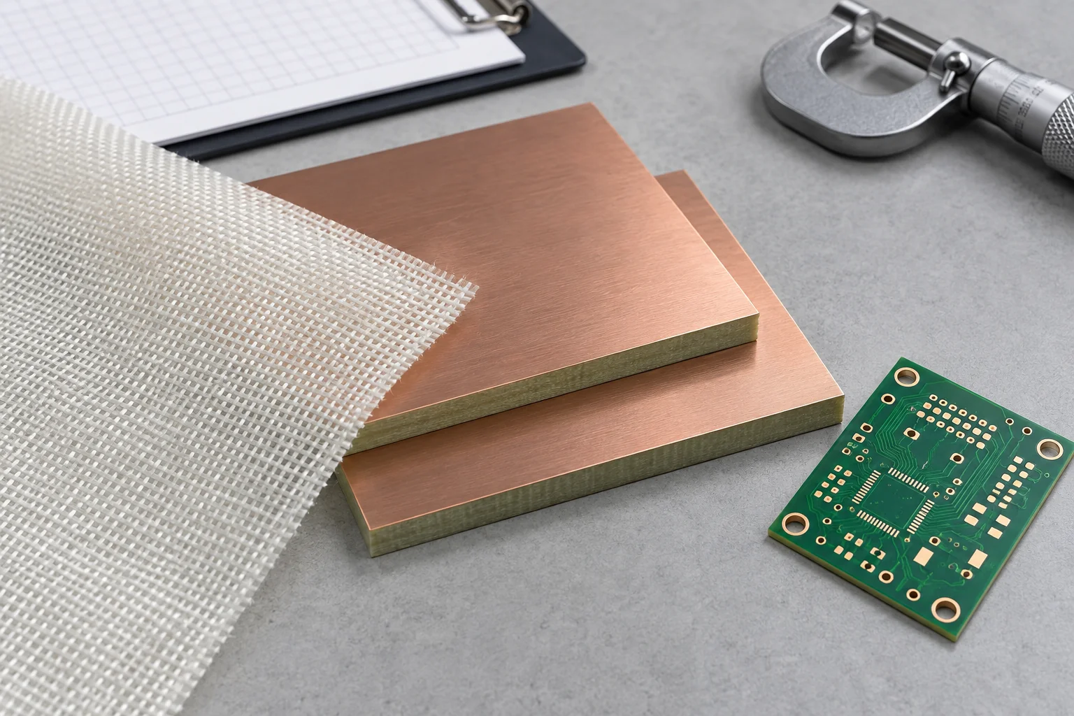 Conceptual copper-clad FR-4 core samples, woven-glass reinforcement and a bare rigid PCB for material review