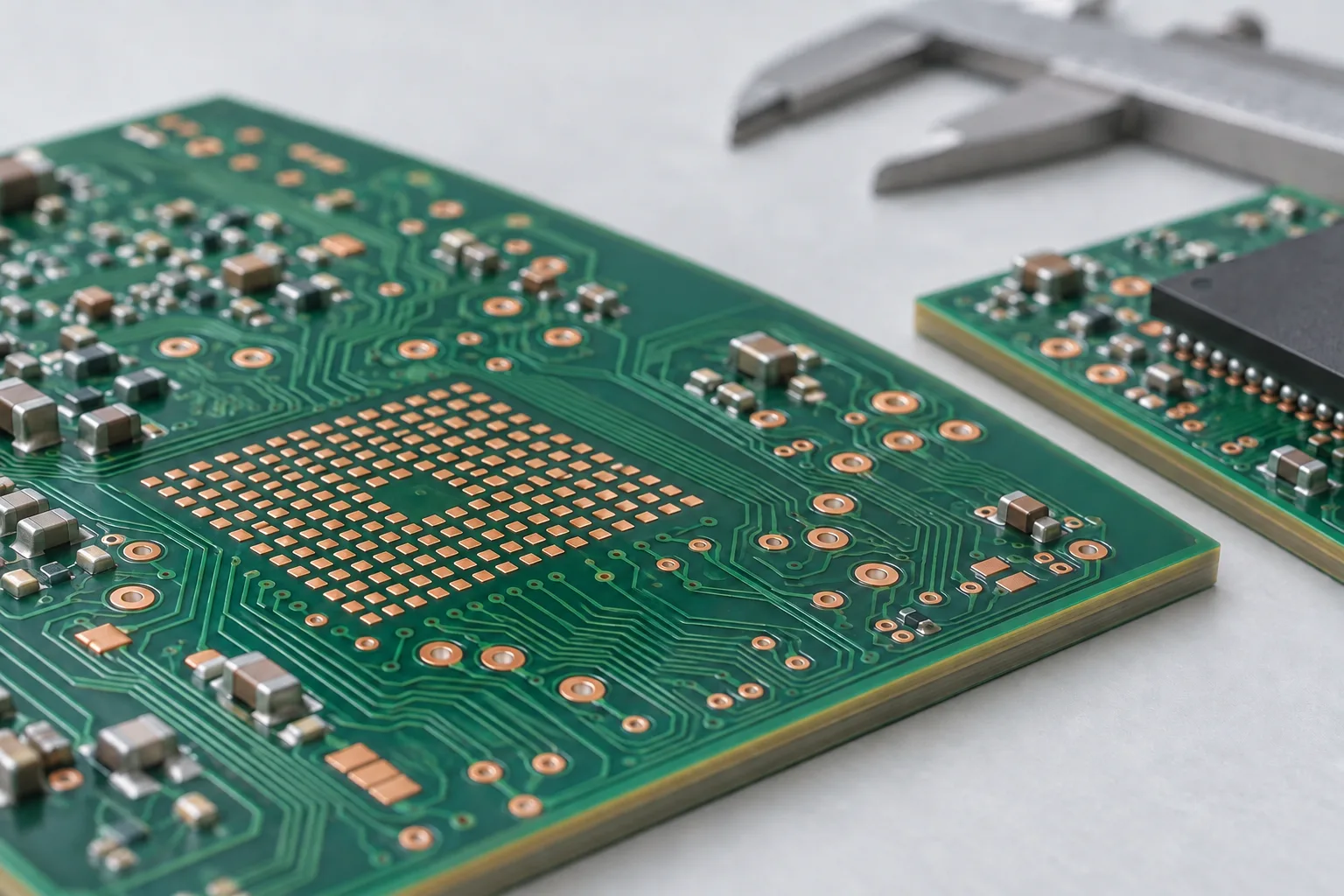 Concept view of a bare green HDI PCB with a copper BGA land array and surrounding fine routing