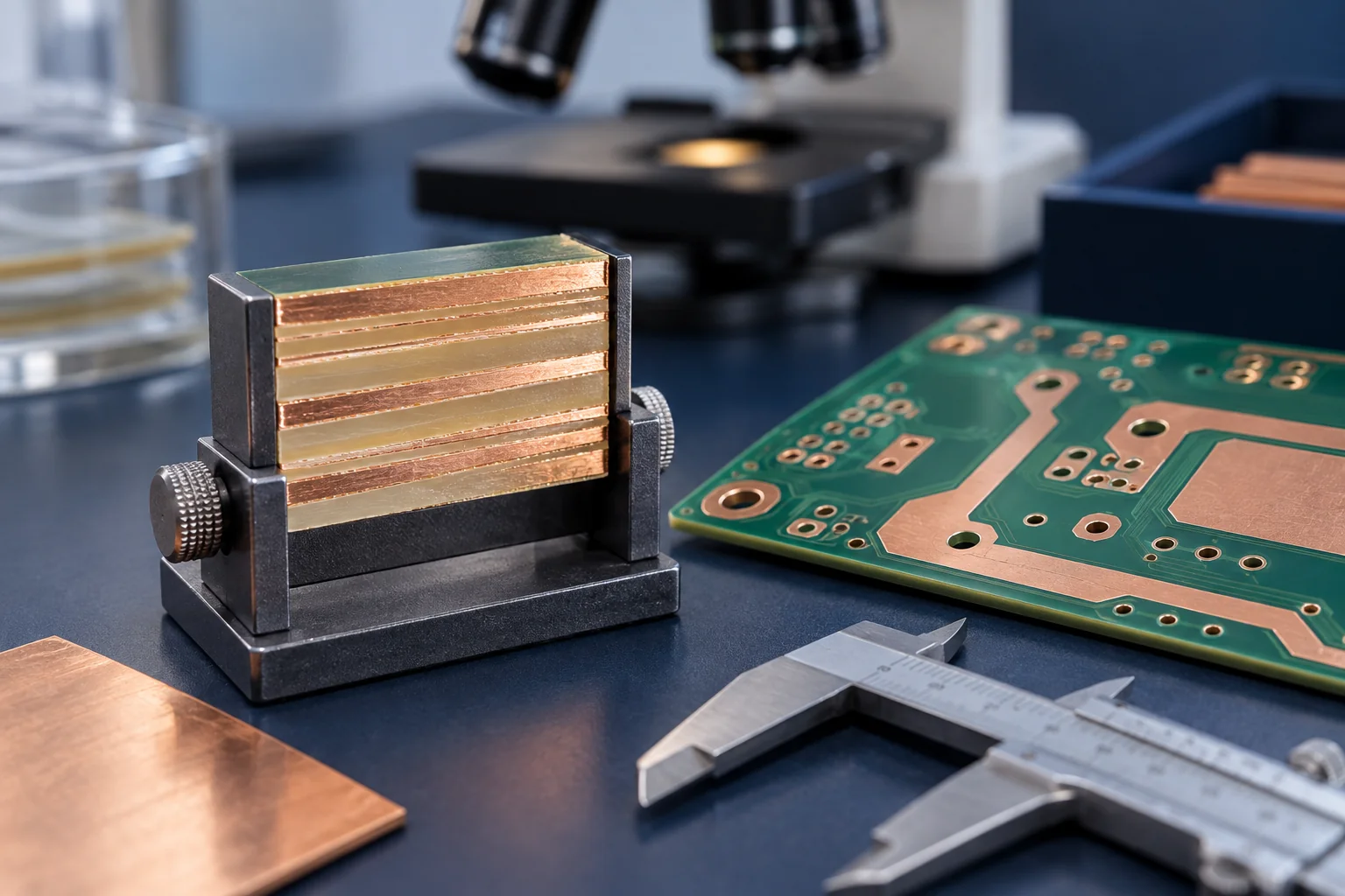 Conceptual multilayer PCB edge sample with copper-colored strata beside a power PCB and caliper