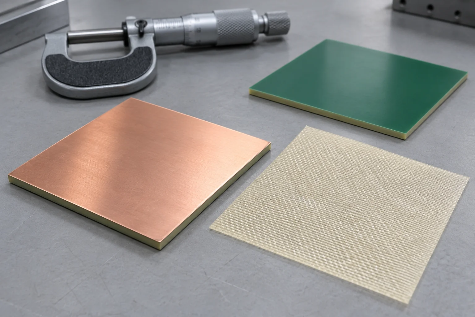 Conceptual copper-clad laminate, glass-fiber prepreg and rigid PCB samples beside a micrometer